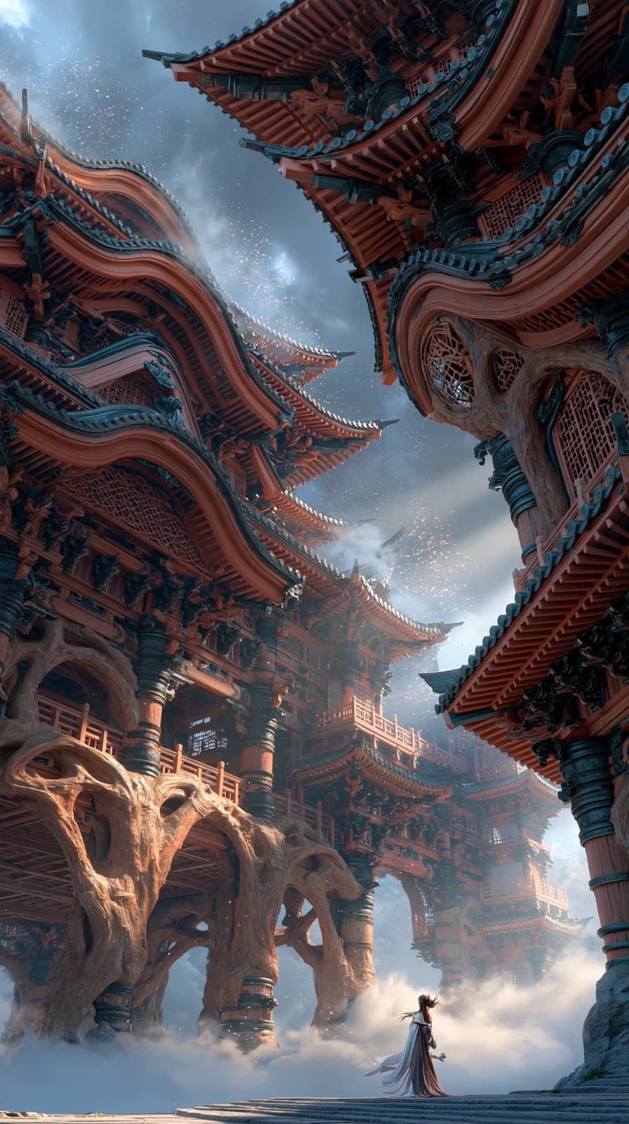Grand low angle view looking up at a magnificent Chinese pal