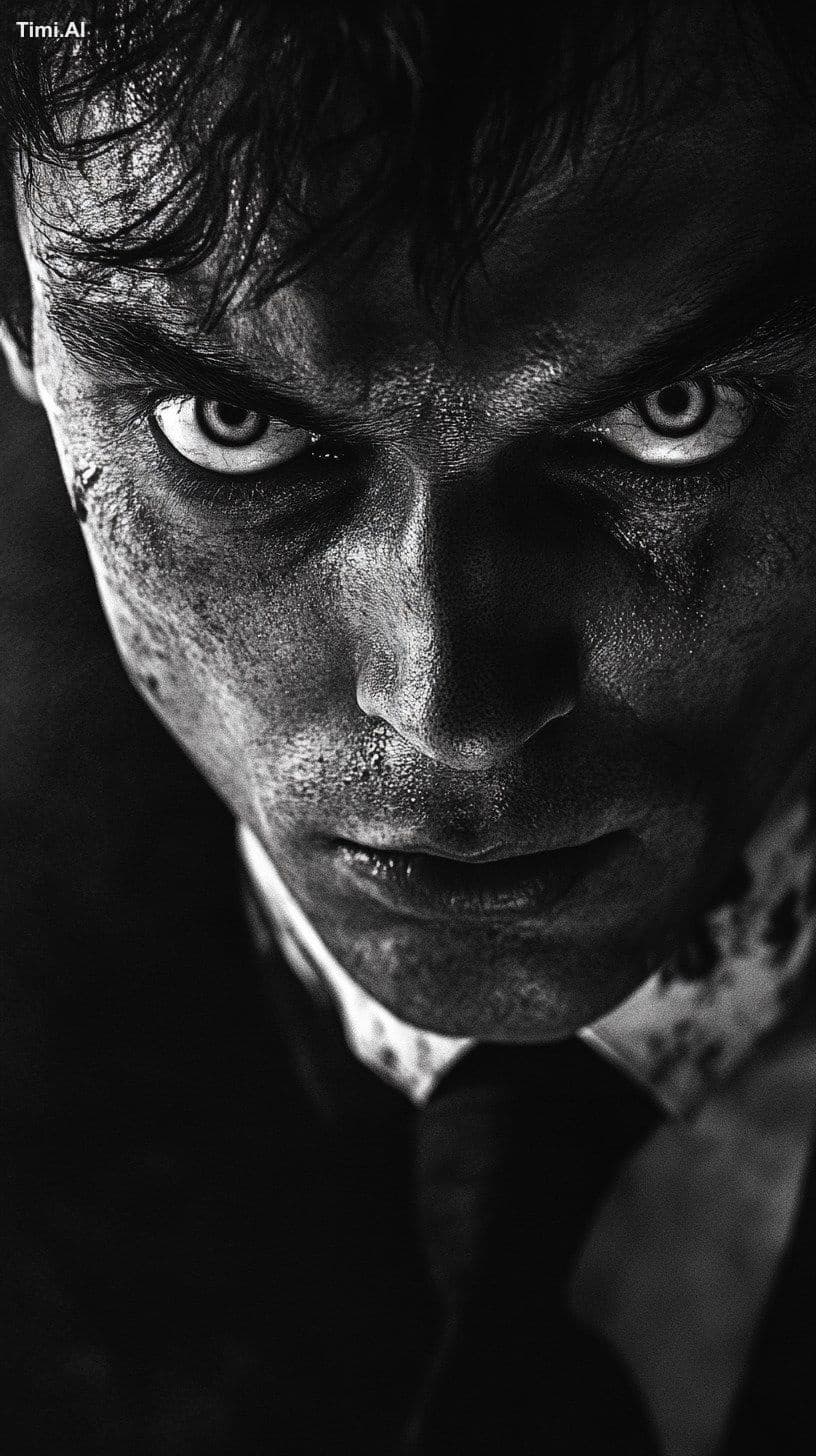 Create an eerie black and white portrait of a Man with inten