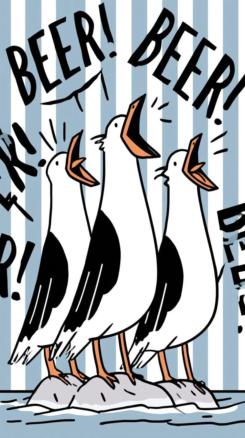 A cartoon illustration features three seagulls standing on a