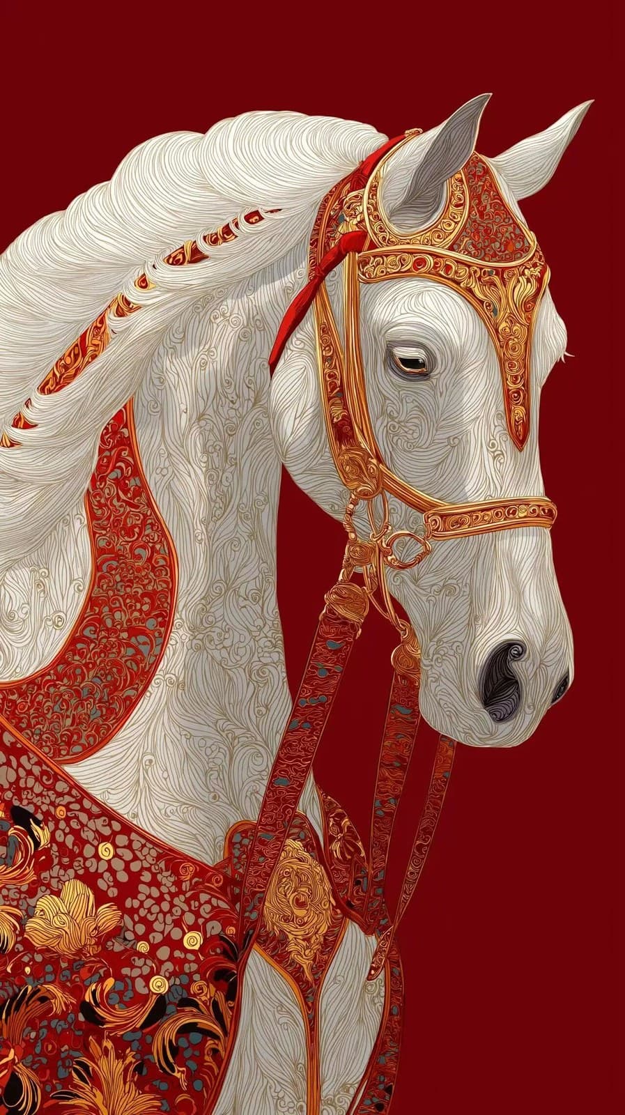 white horse, red background, exquisite illustration in the s