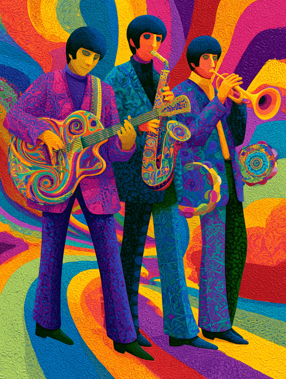 A trio of free-spirited friends, clad in bold mod attire, ja