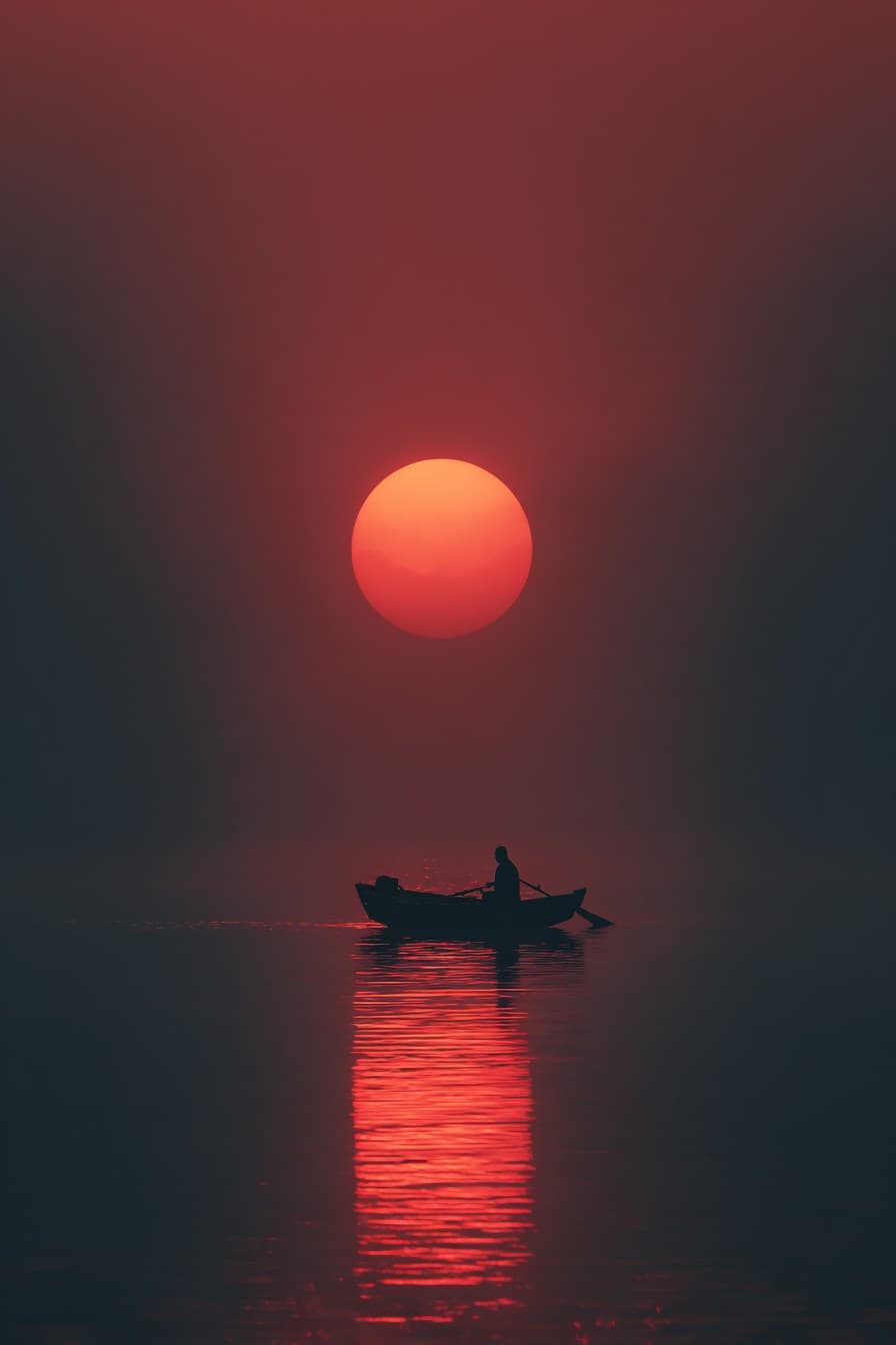 a red sun is setting, reflecting on the water surface. a sma