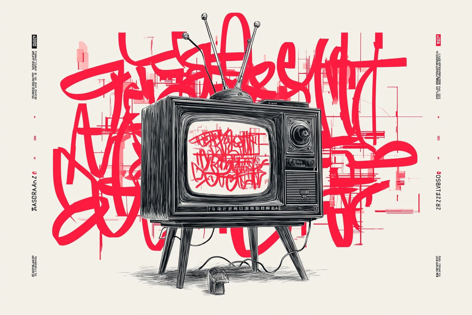 A black and white old televeision sketched in dark pencil in
