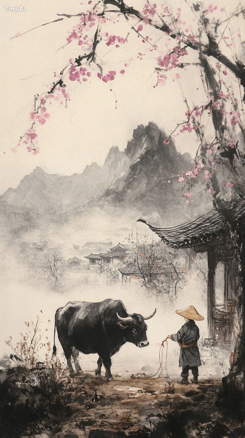 An ink-wash illustration in traditional Chinese style depict
