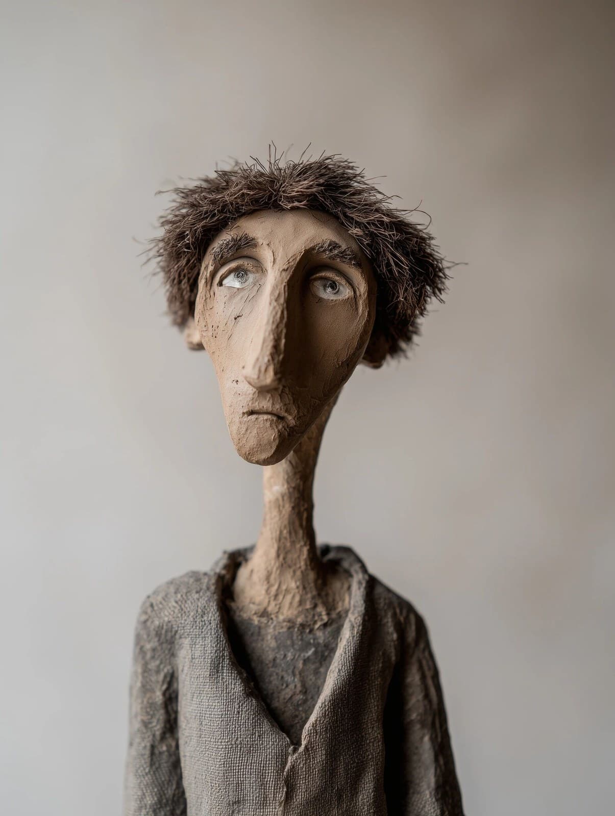 handmade clay figure of a slender introverted man, unpolishe