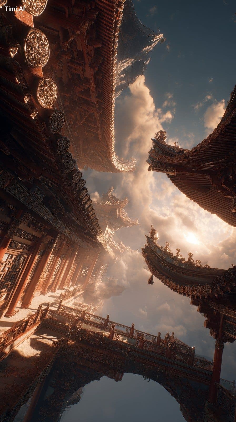 A grand low-angle view looking up at a magnificent Chinese p
