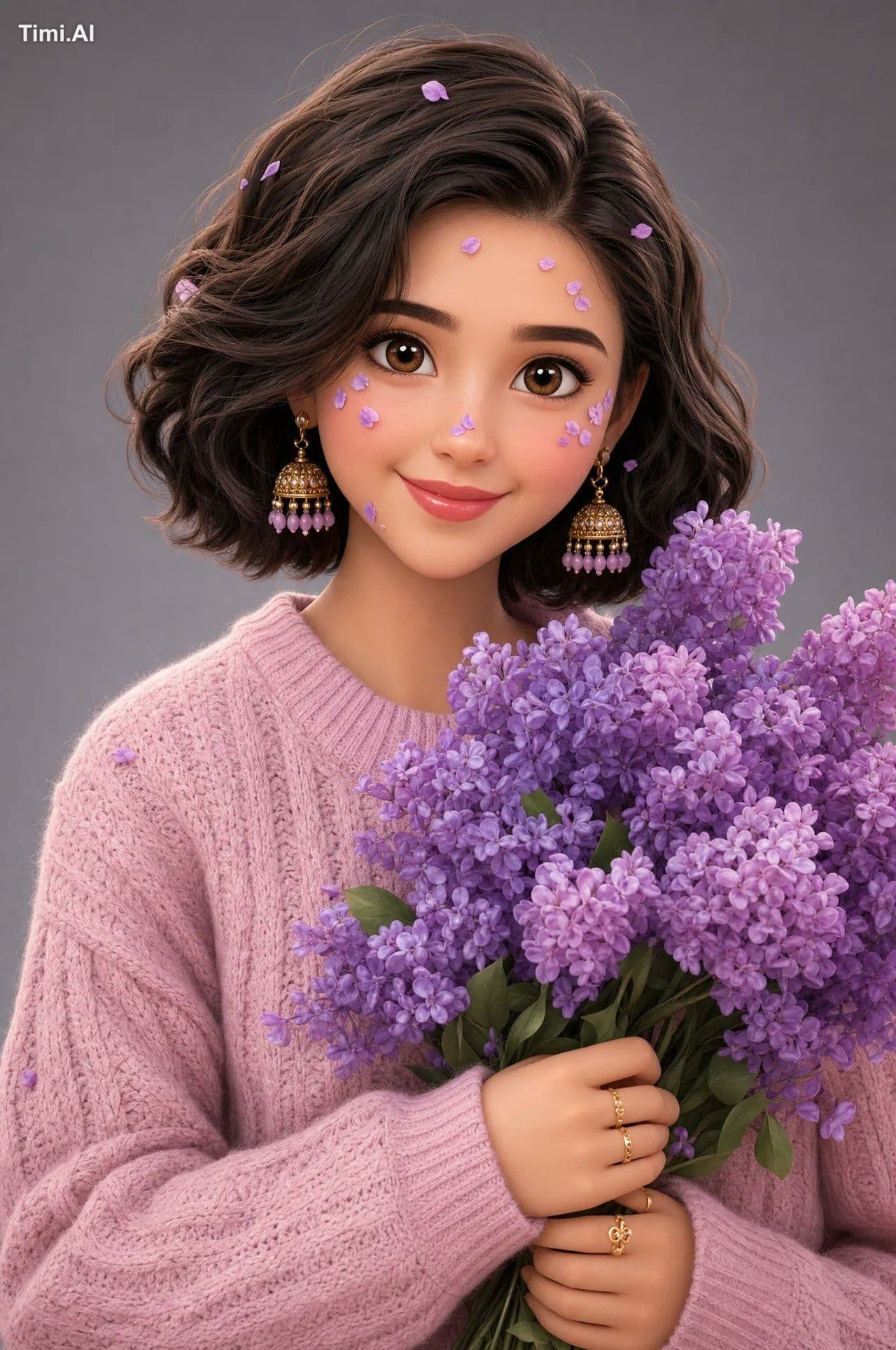 3D Pixar-style character, young woman, short wavy bob haircu