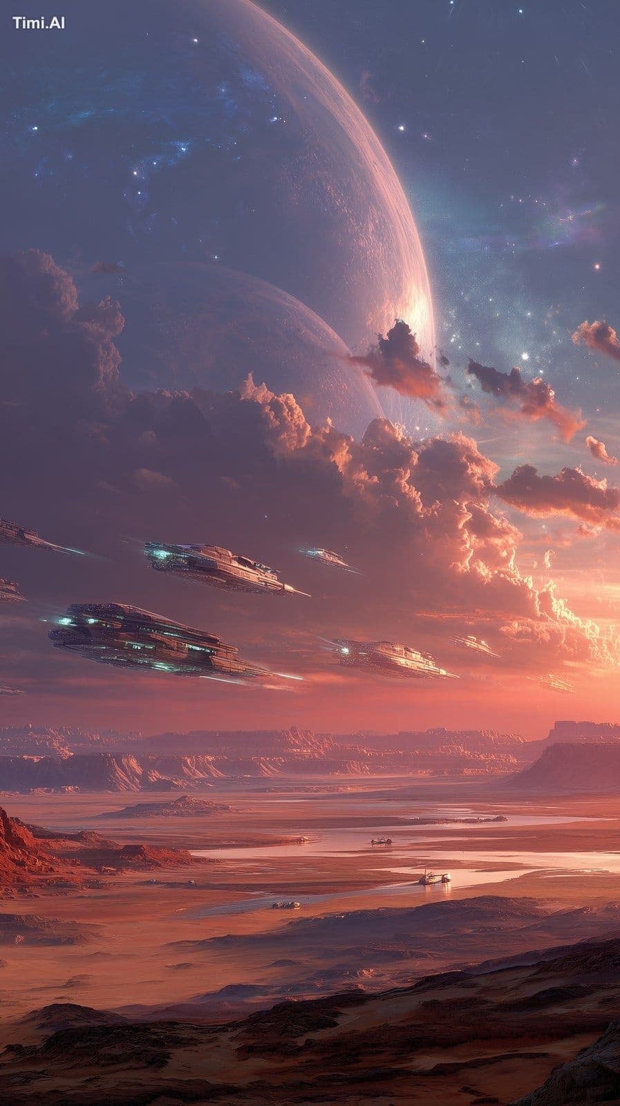 A wide cosmic landscape over a red martian desert, with seve