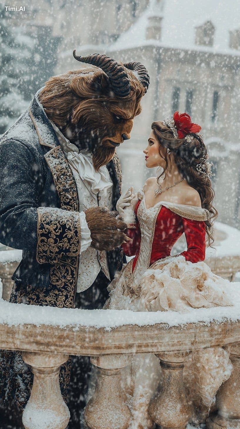 Photo of Dark-haired Belle and the Beast standing on a beaut