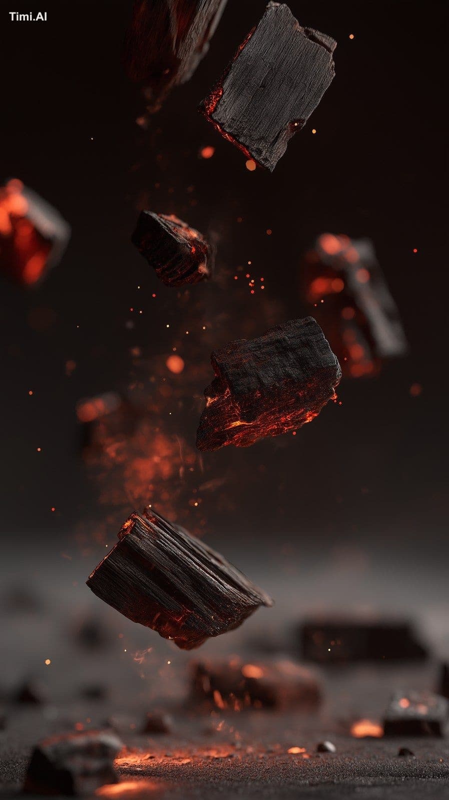 burnt wooden fragments and glowing red-hot charcoal pieces f