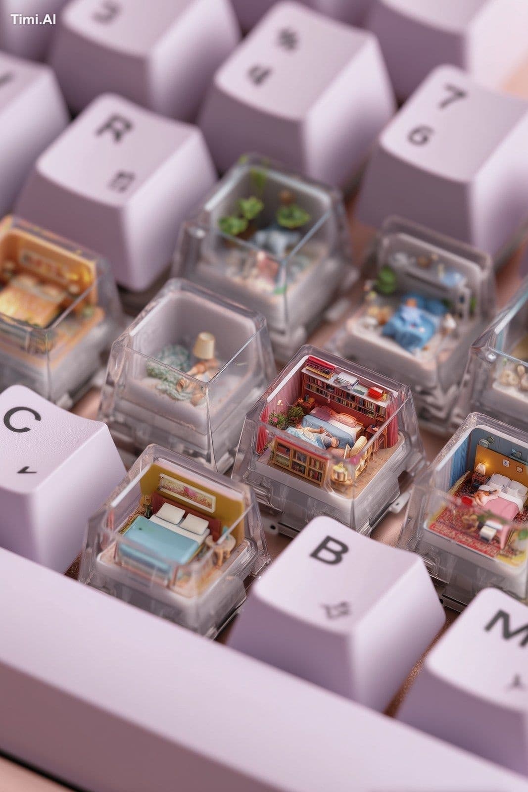 An overhead view of a keyboard with a detailed photo underne