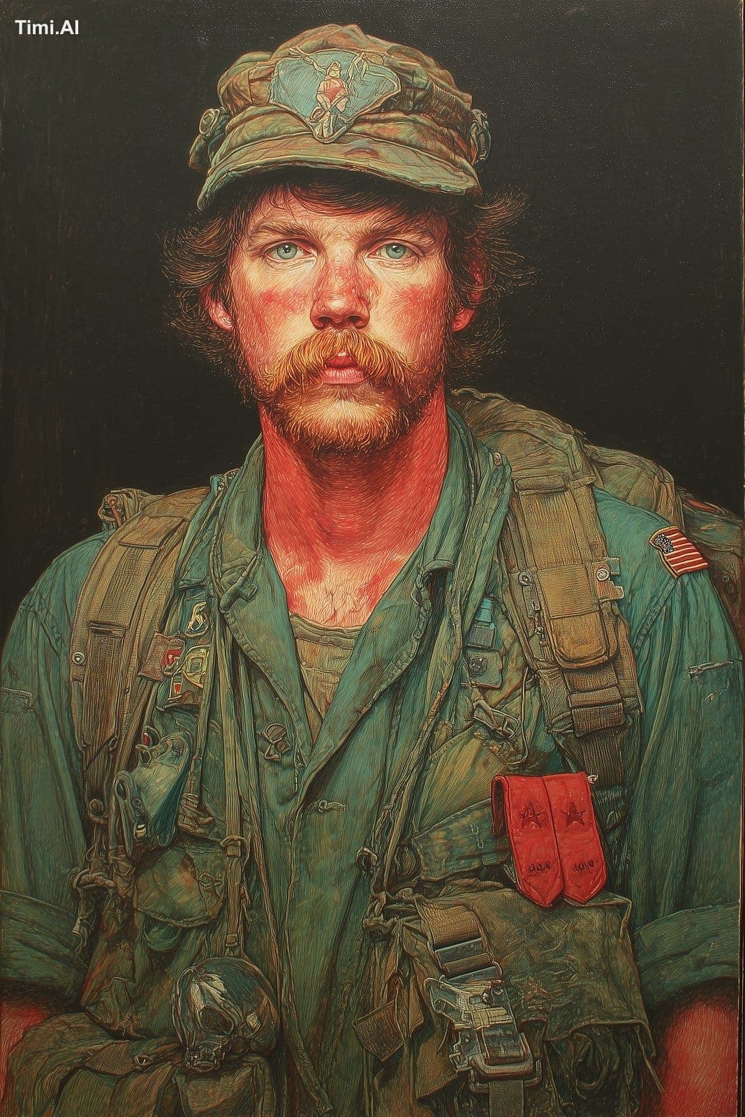 The American military soldier from 1980s, hyperrealistic oil