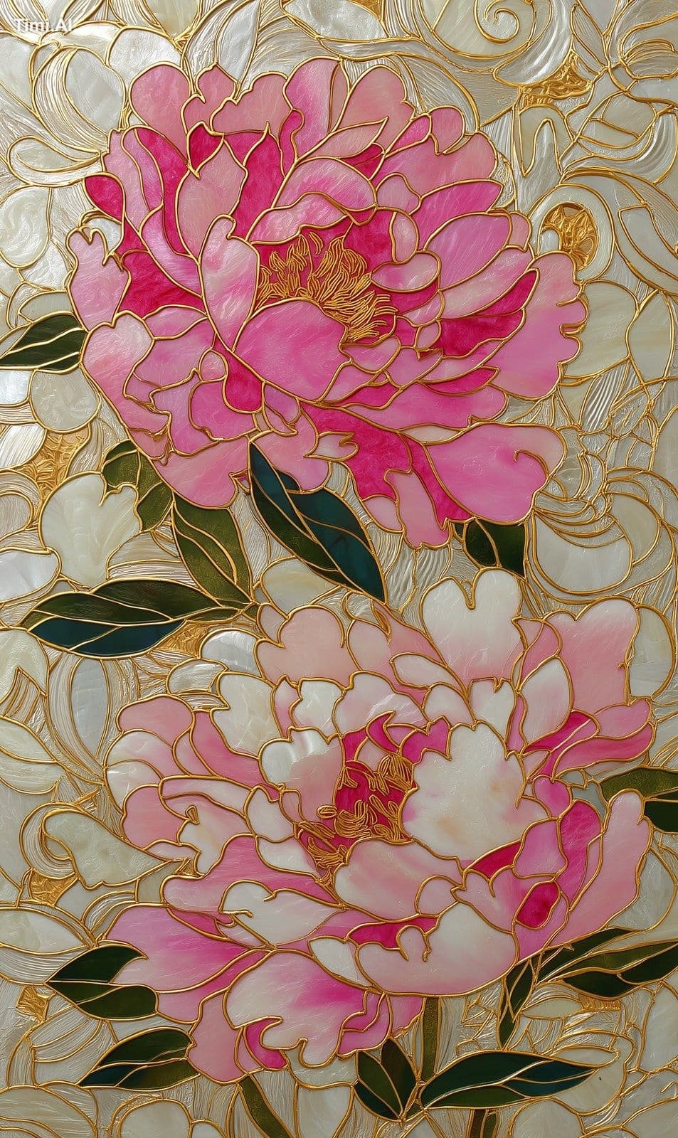 3D peonies flowers, gold inlay work, stained glass-style des