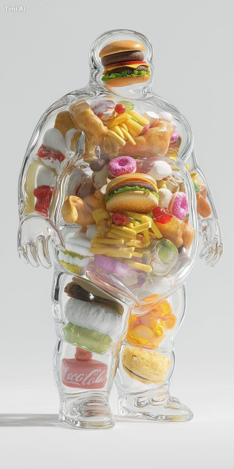 A hyper-realistic, conceptual image of an overweight, obese 