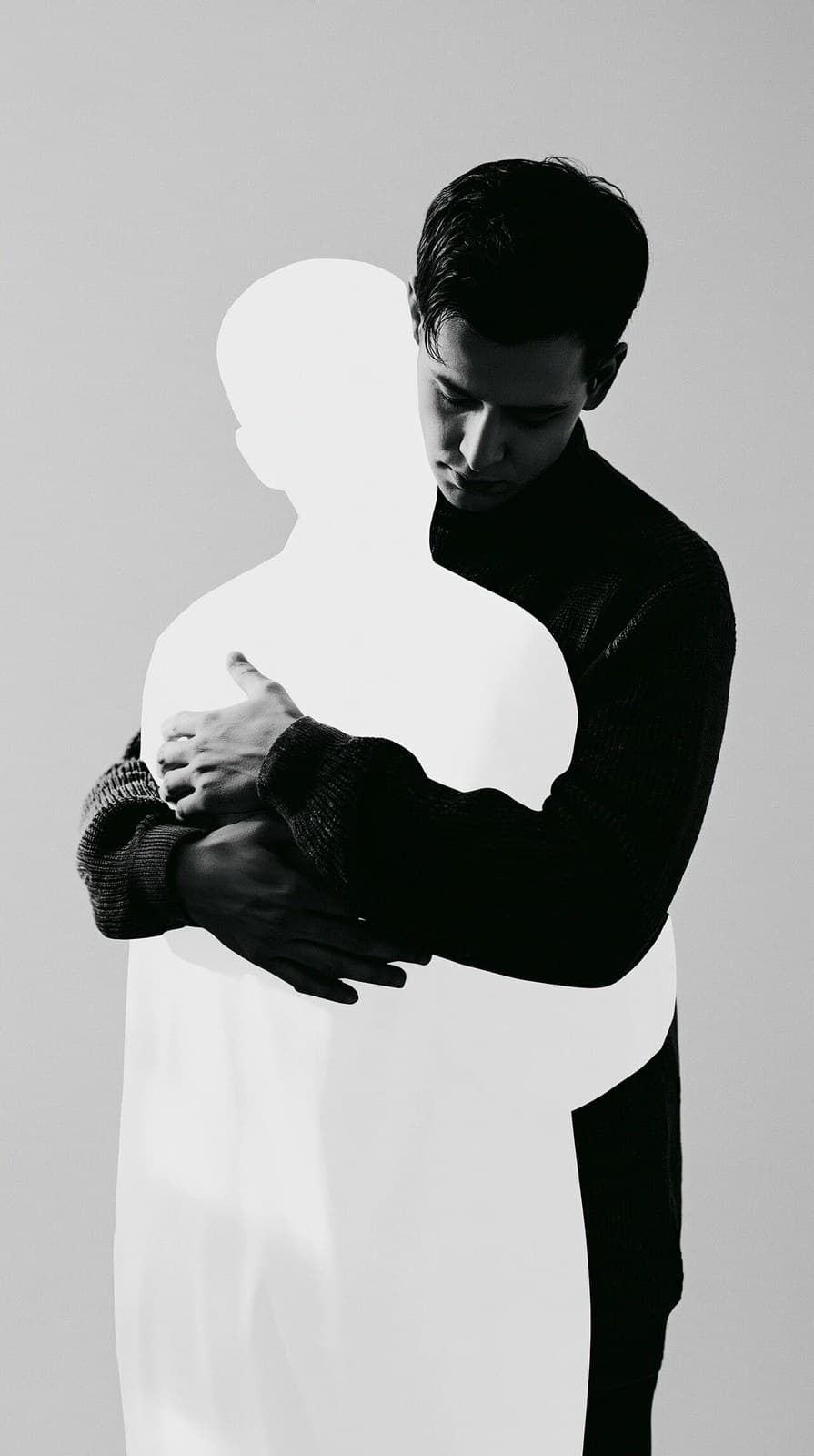 Minimalist conceptual collage artwork. A realistic man in a 
