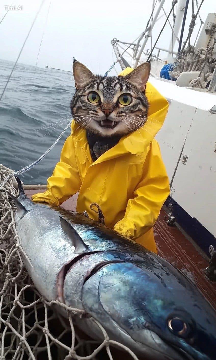 A happy, smiling cat in a yellow raincoat stands on the edge