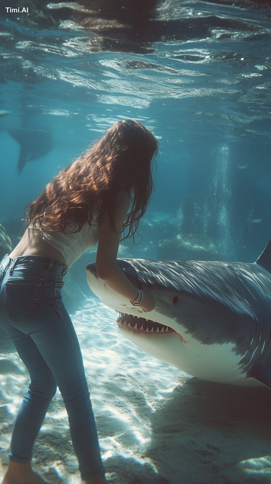 cinematic shot of a gigant shark with a woman friendly inter
