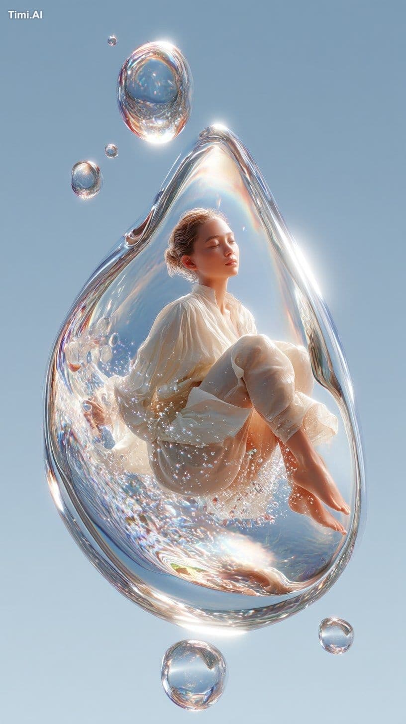 A hyper-realistic photograph of a giant, transparent water d