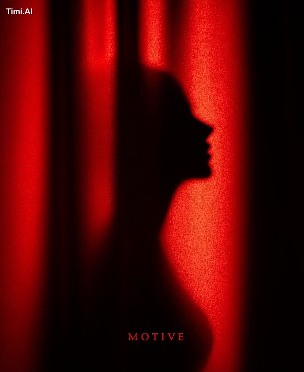 a shadow of the face and body is cast on red curtains, creat