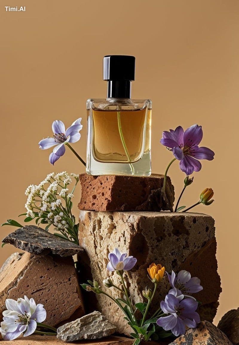A clear glass perfume bottle with a dark cap, centered atop
