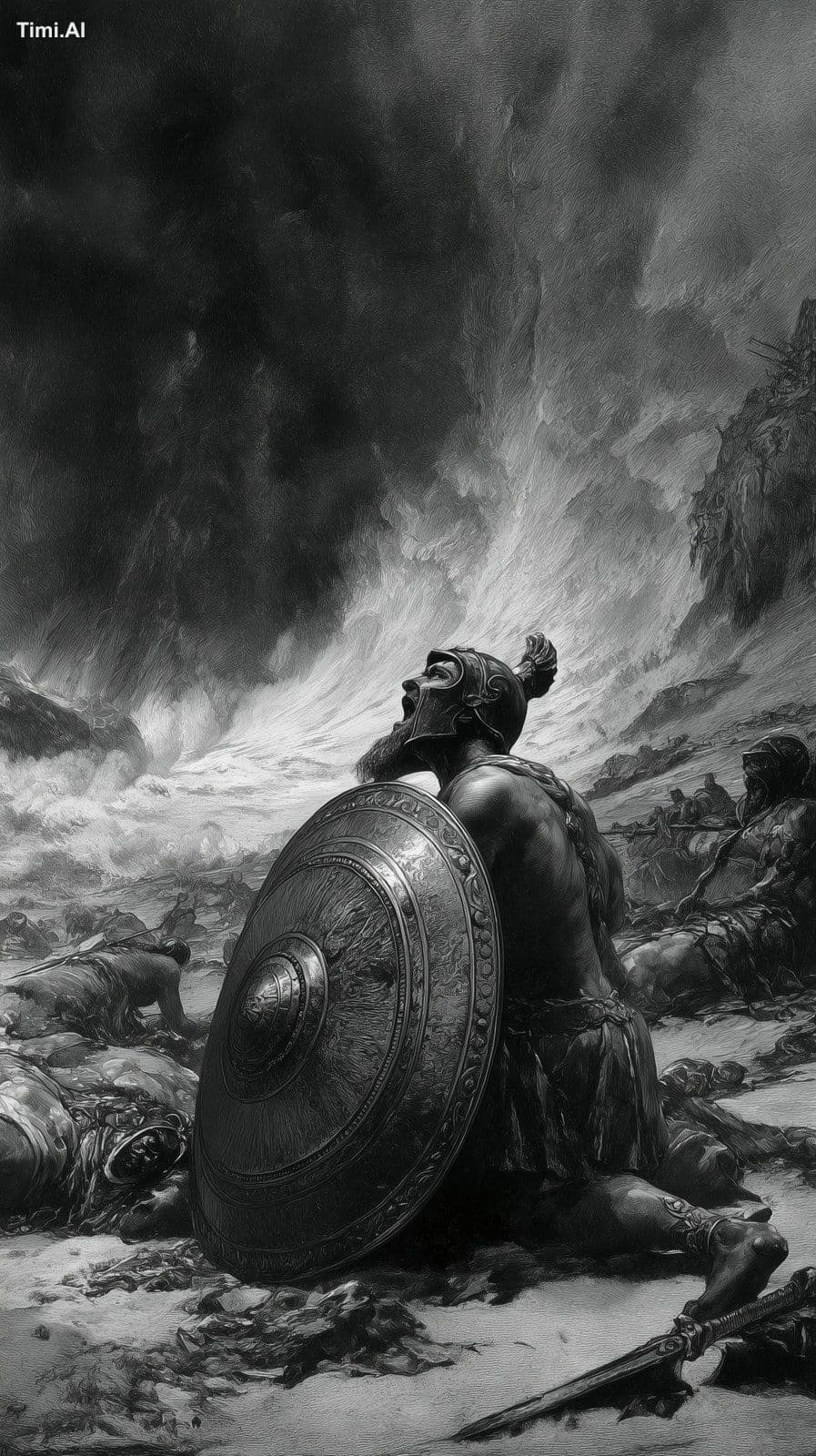 Ajax the Great roaring at the heavens during a storm, kneeli