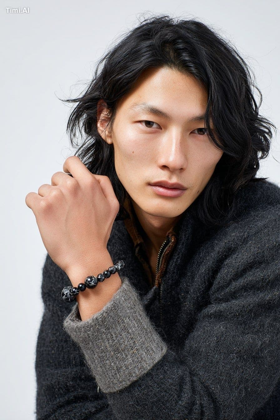 A black-haired Asian Japanese fashion male model ,Wearing wi