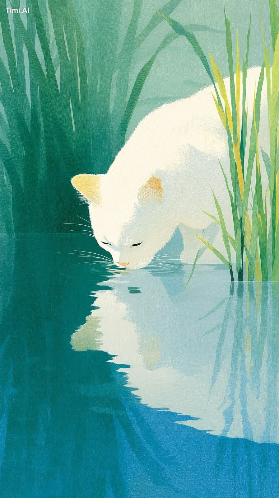 A white and yellow cat is drinking water from the lake, with