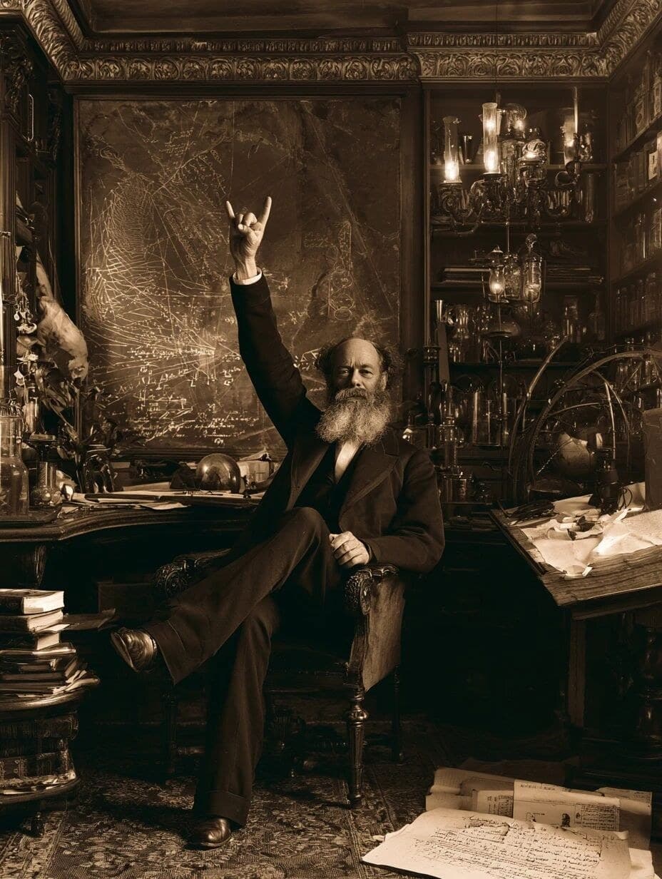 james clerk maxwell sitting in a chair in his laboratory leg