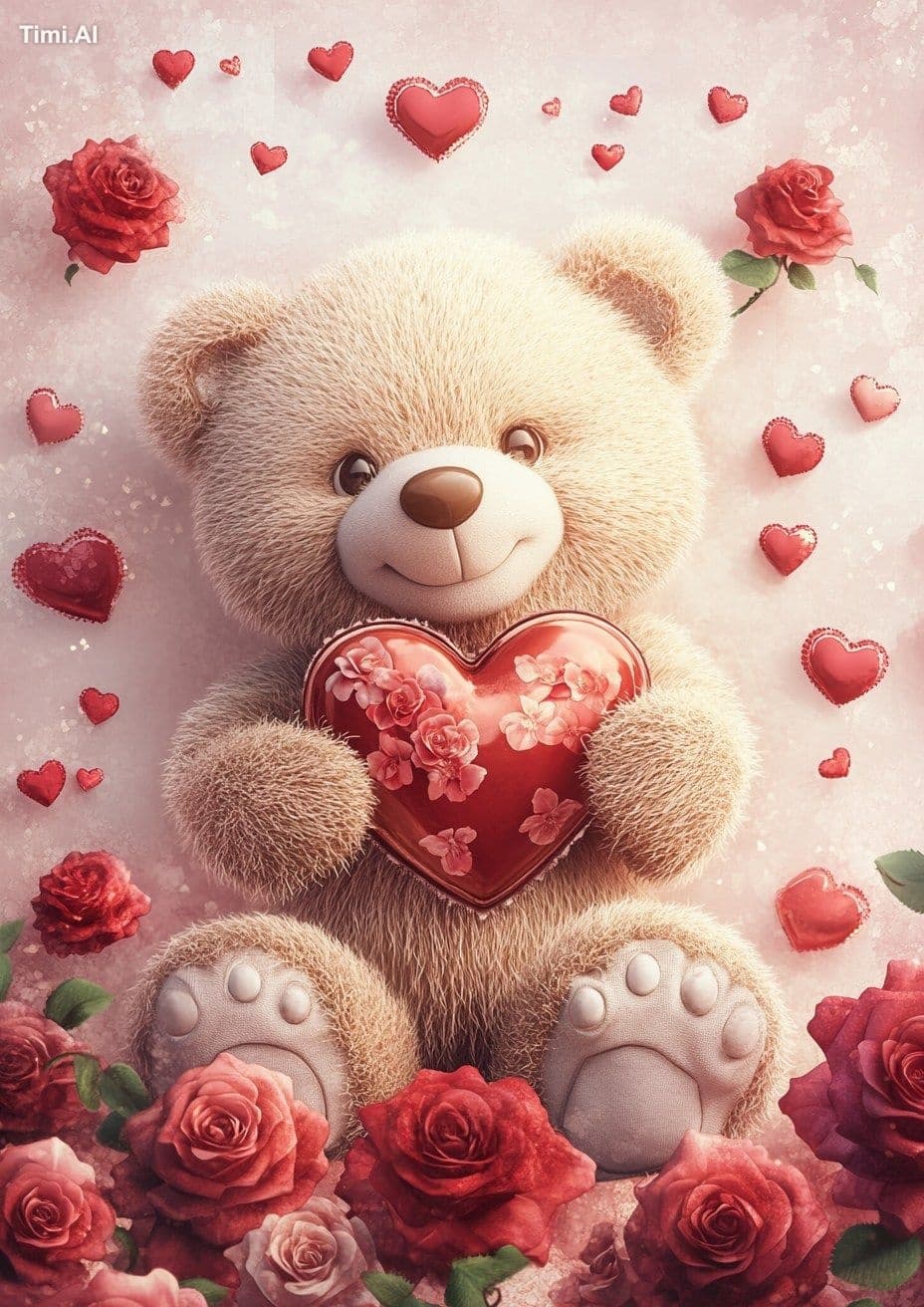 A cute teddy bear holding a heart-shaped object, surrounded