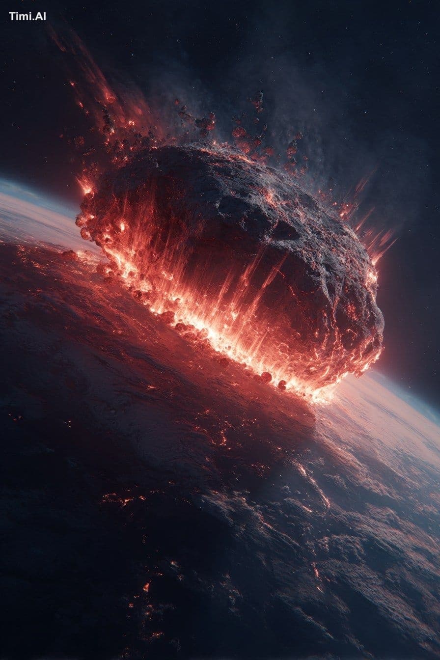 Picture of a massive large craterized asteroid with debris f