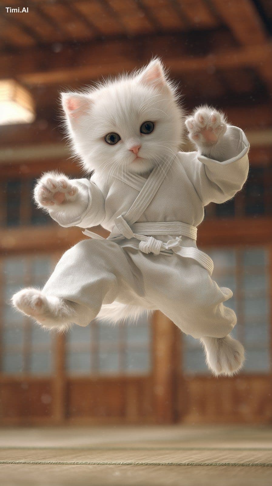 White kitten in a tiny karate gi facing the camera, mid-air 
