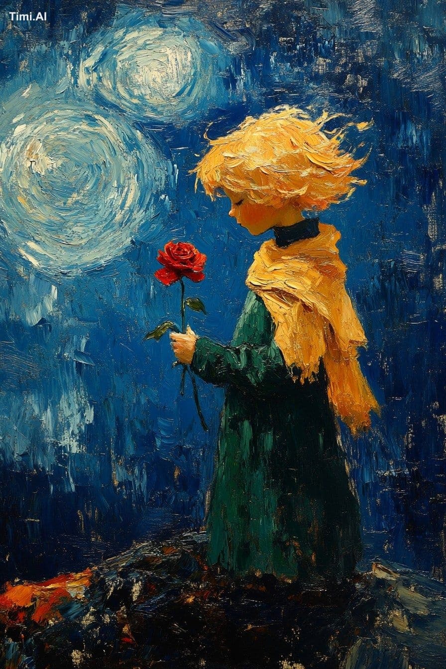 The Little Prince with golden hair, dressed in green and wra
