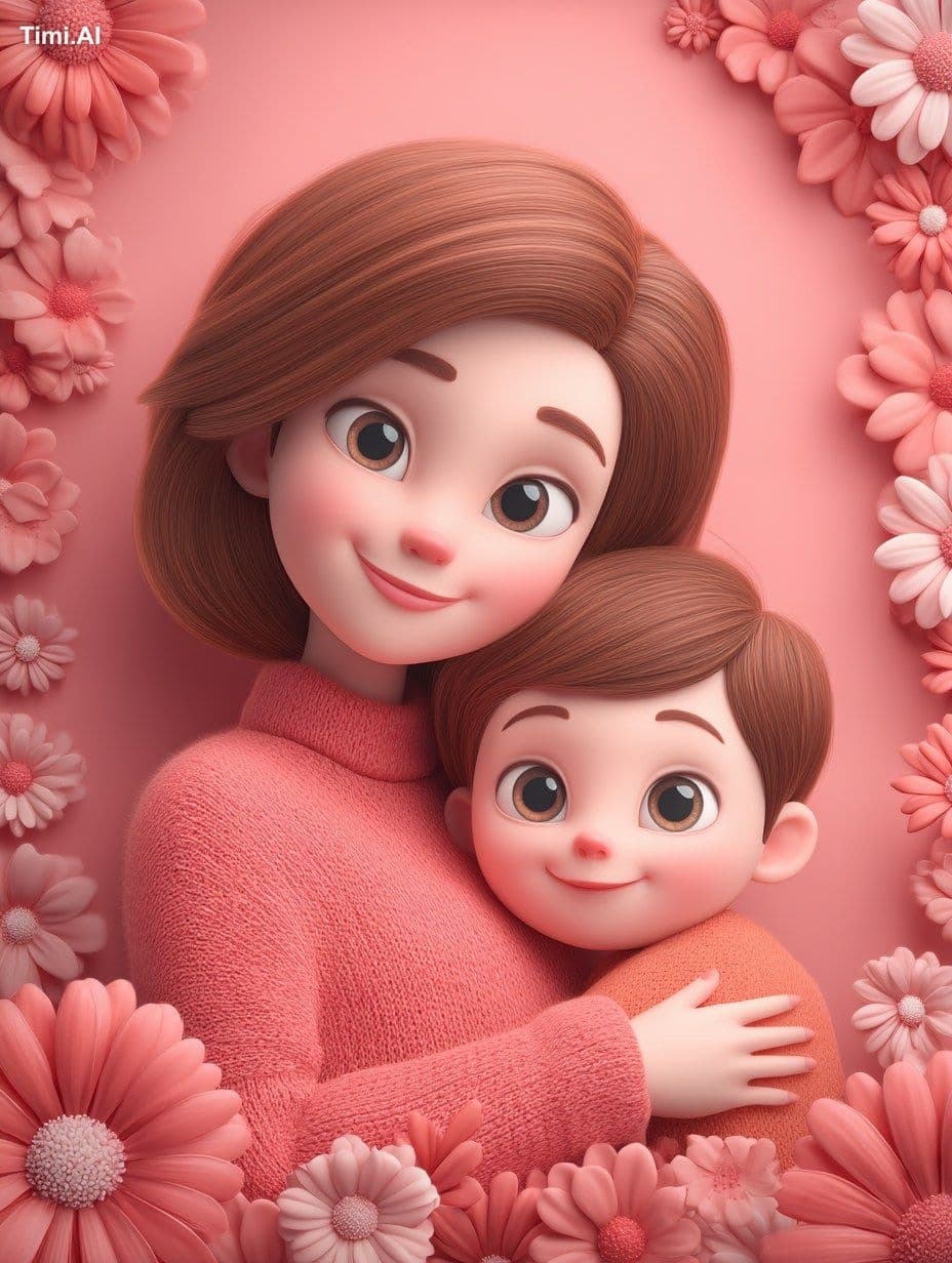 Pixar style 3D depicts a happy mother and child, with a pink