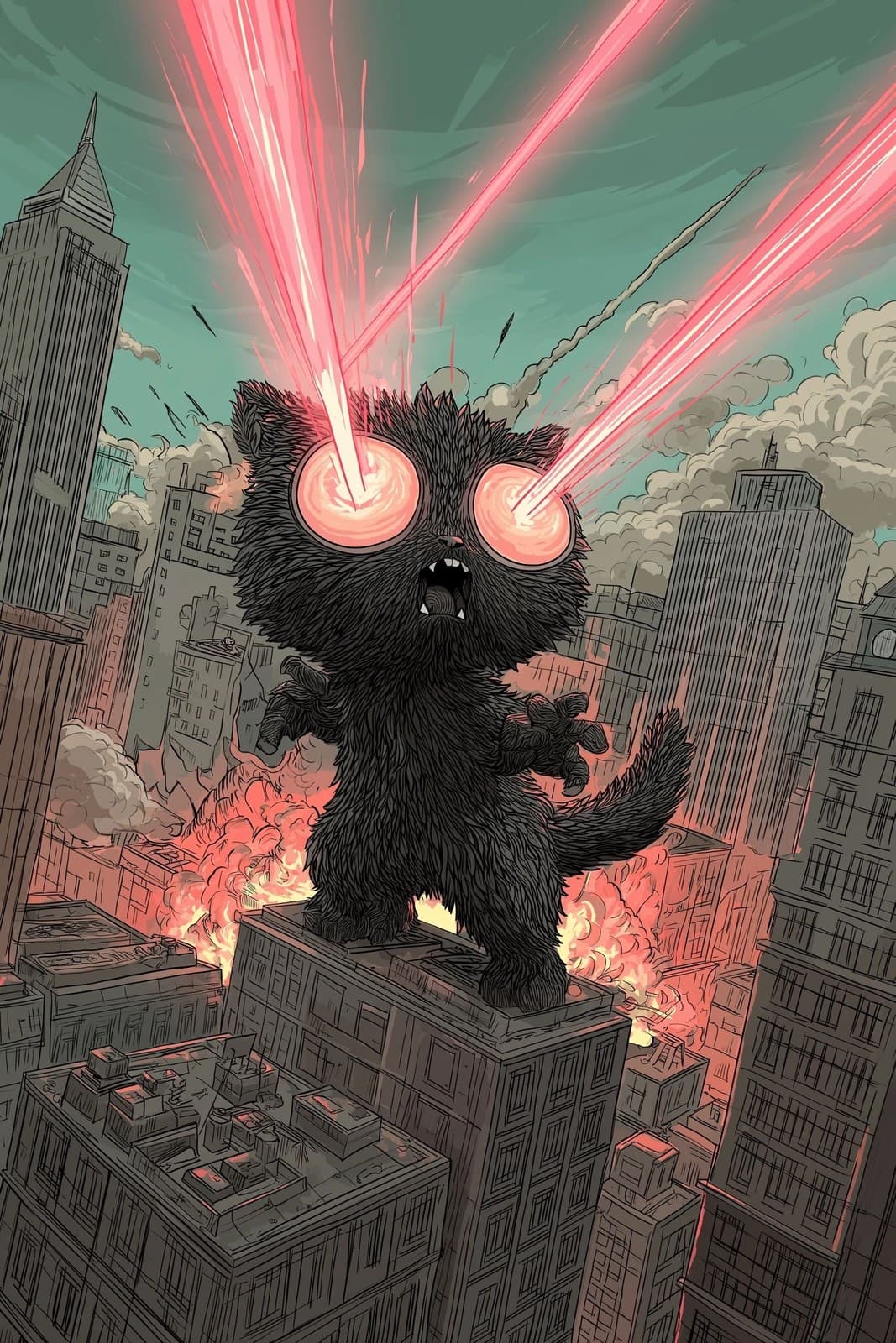 Cartoon Kitty Godzilla shooting lasers down from eyes crushi