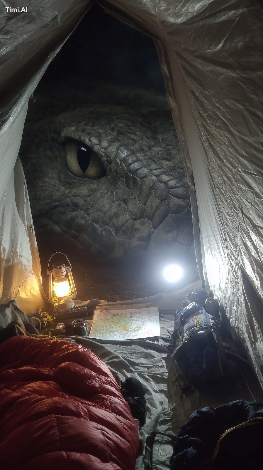 POV from inside a cramped, illuminated nylon tent, looking a
