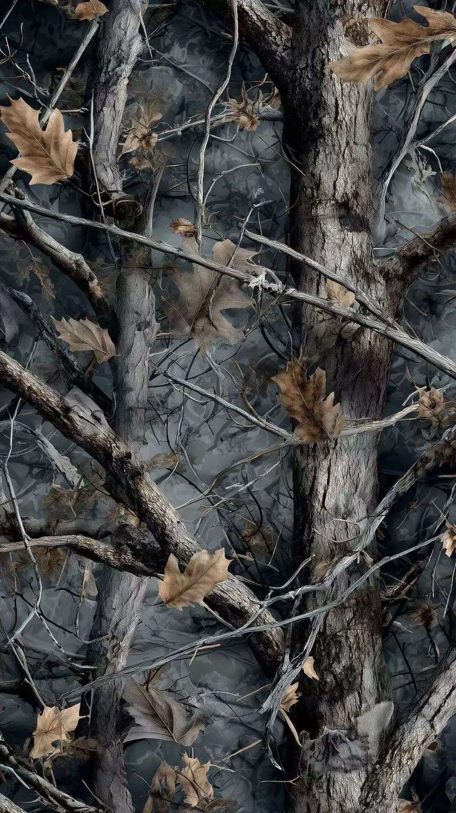 hyper realistic real tree camouflage pattern, dark backgroun