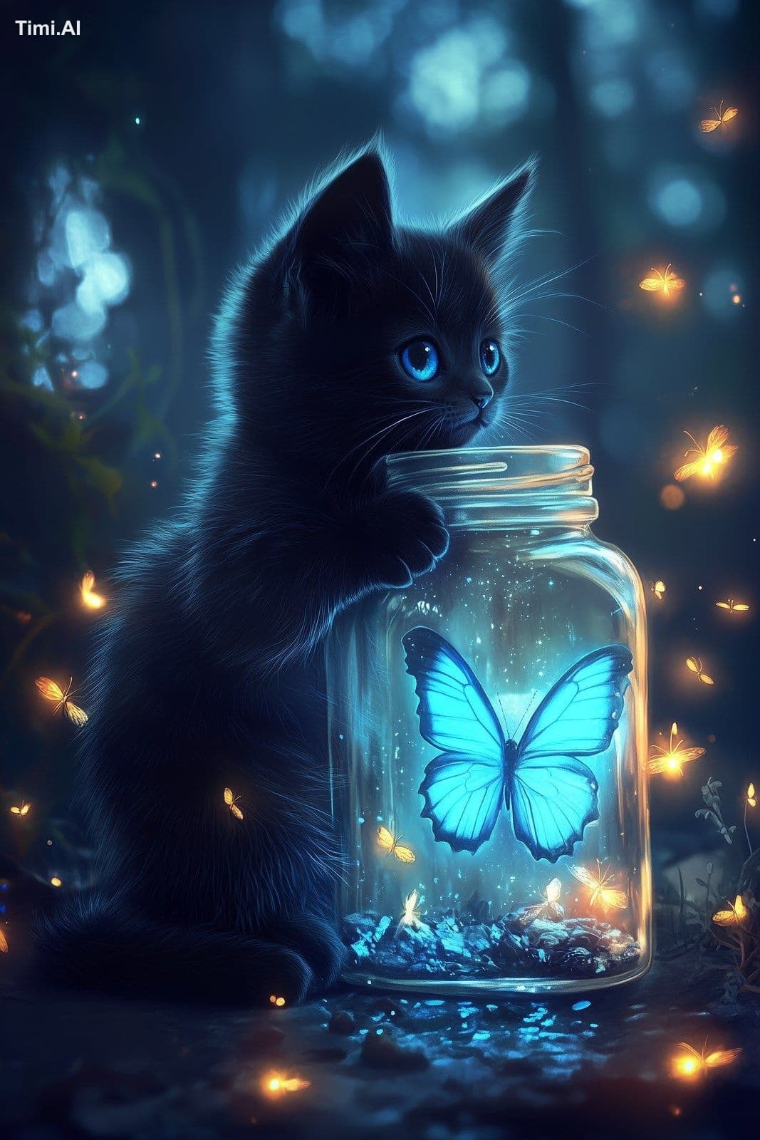 A black kitten with a blue, glowing butterfly in a jar, surr