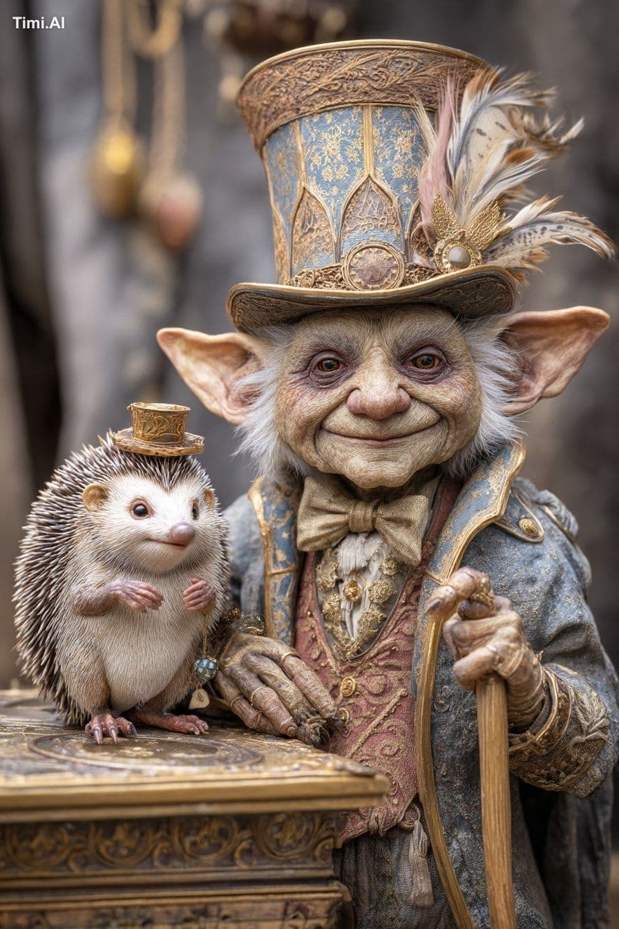 A friendly old goblin merchant selling magical items from a 