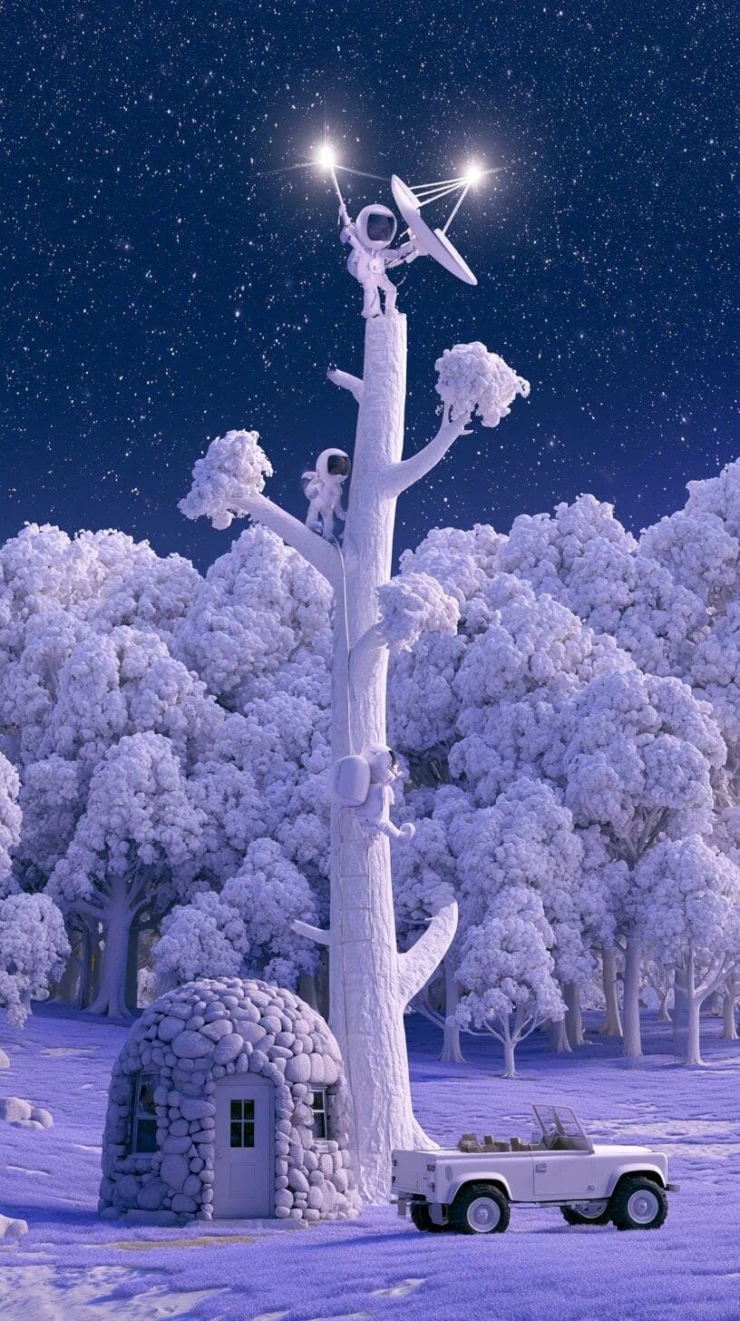 奇幻3D动画电影画面:明亮的夜色,紫色草原中央矗立着一棵白色大树,周围是茂密的白色大树林,2名可爱的2头身比例宇航员身穿