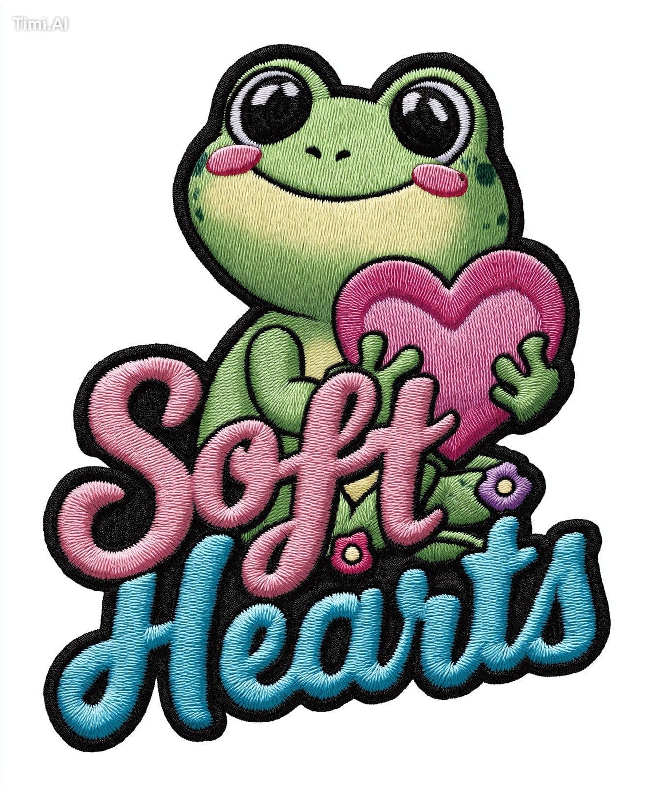 Cute, kawaii frog holding a heart, with the words "Soft Hear