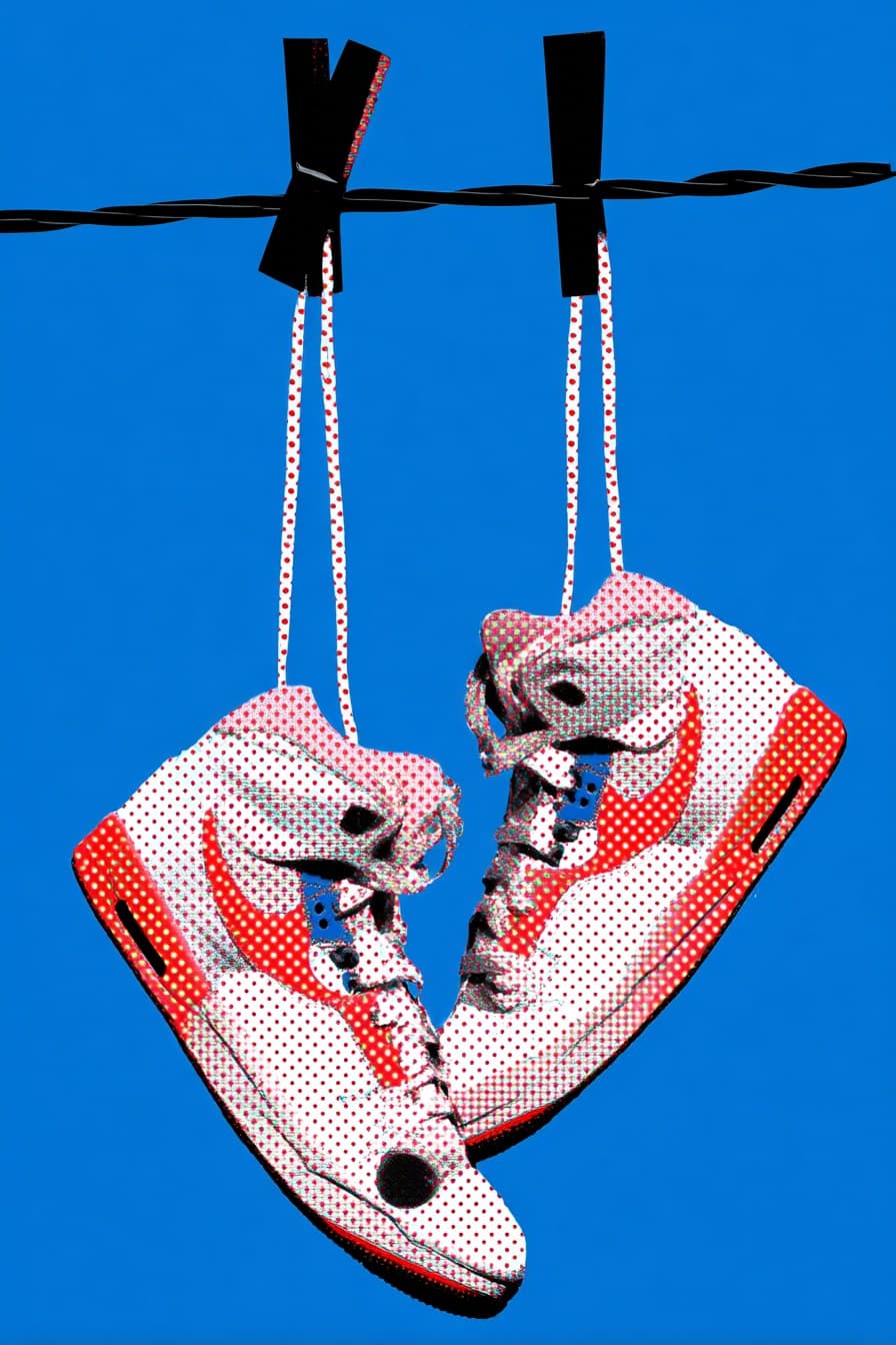 blue background, two pair of Jordan sneakers lace tied toget
