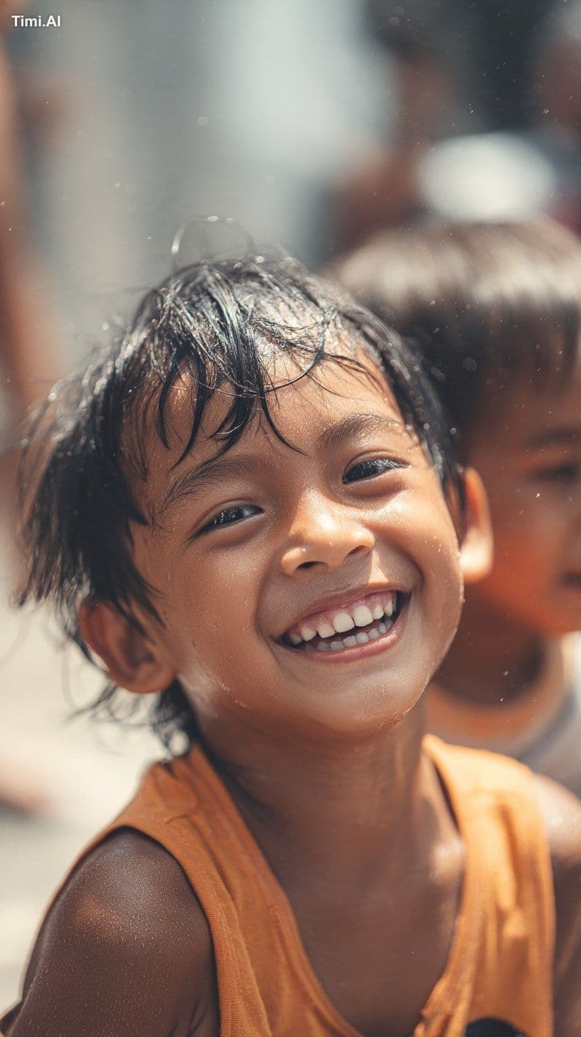 kids in summer heat, laughter, close-up faces, Nikon Z9 with