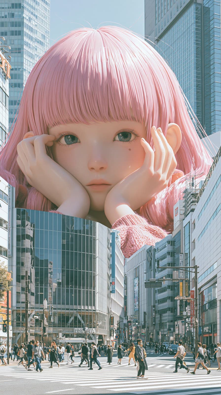 Surreal photomontage, giant anime style Asian girl head emer