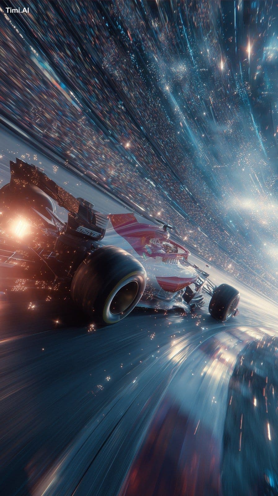 F1 race car caught mid-turn on a track bending into a wormho