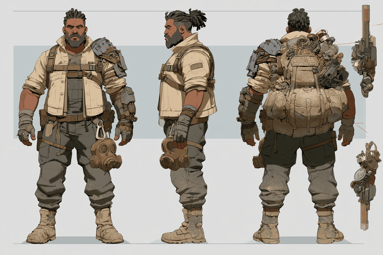 Character Design
Post-apocalyptic scavenger character featur