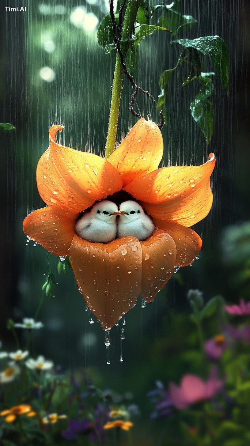 "Two little white birds huddled inside a large orange flower