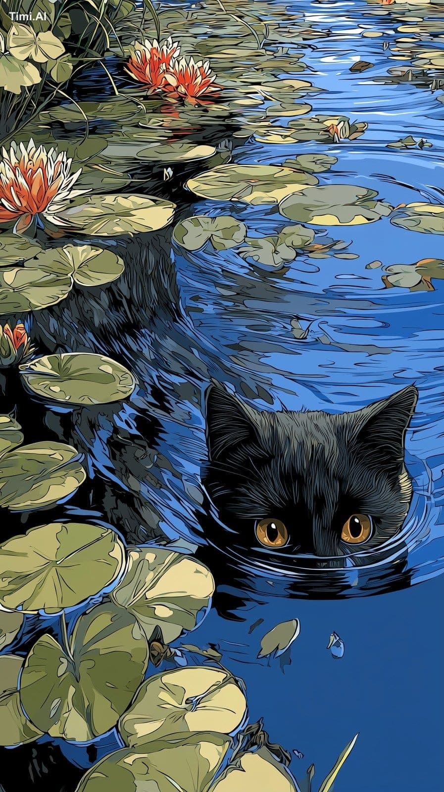 A black cat swimming in the water, by Claude Monet style, Cl