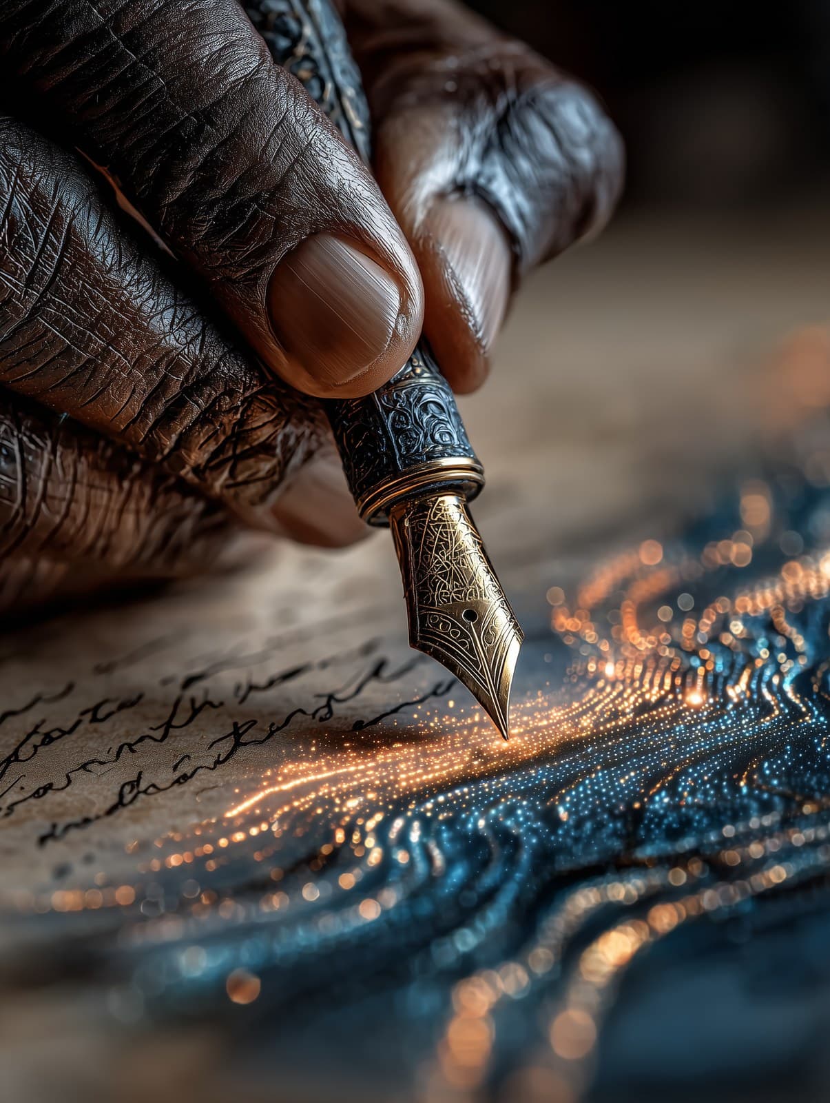 a hand writing with a fountain pen on old parchment, forming