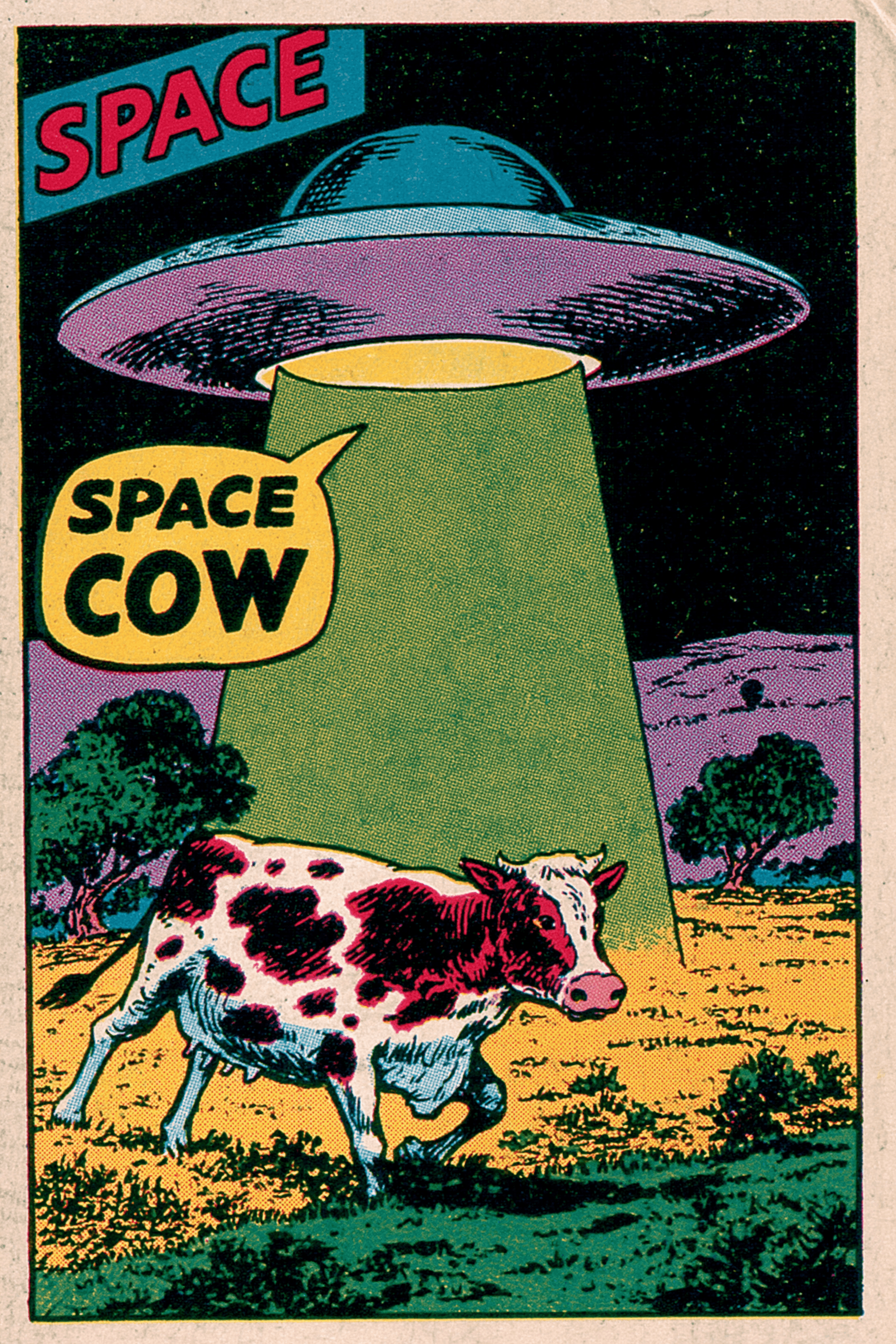 A comic book cover featuring a flying saucer using a green b