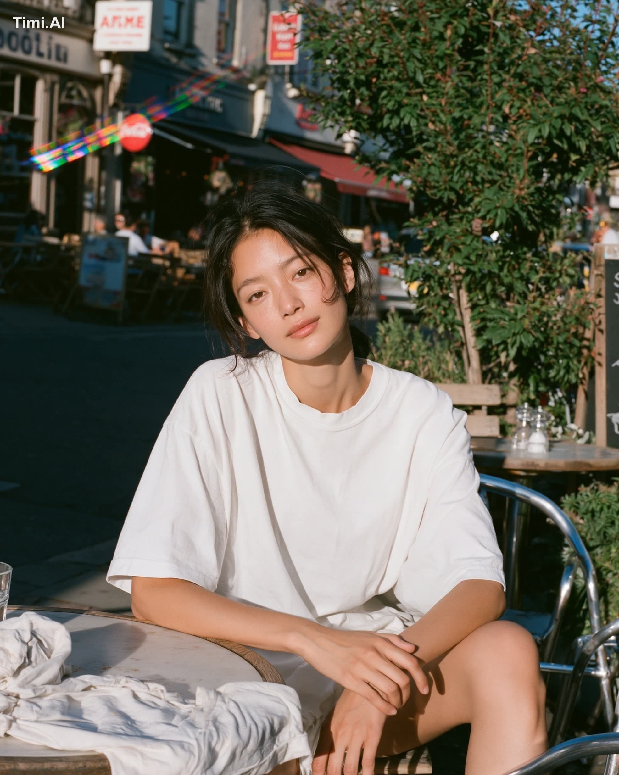 warm sunlit film portrait, young woman sitting relaxed at a 